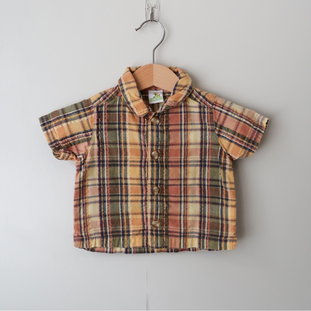 Vintage Plaid Print Short Sleeve Button Shirt 100% Cotton